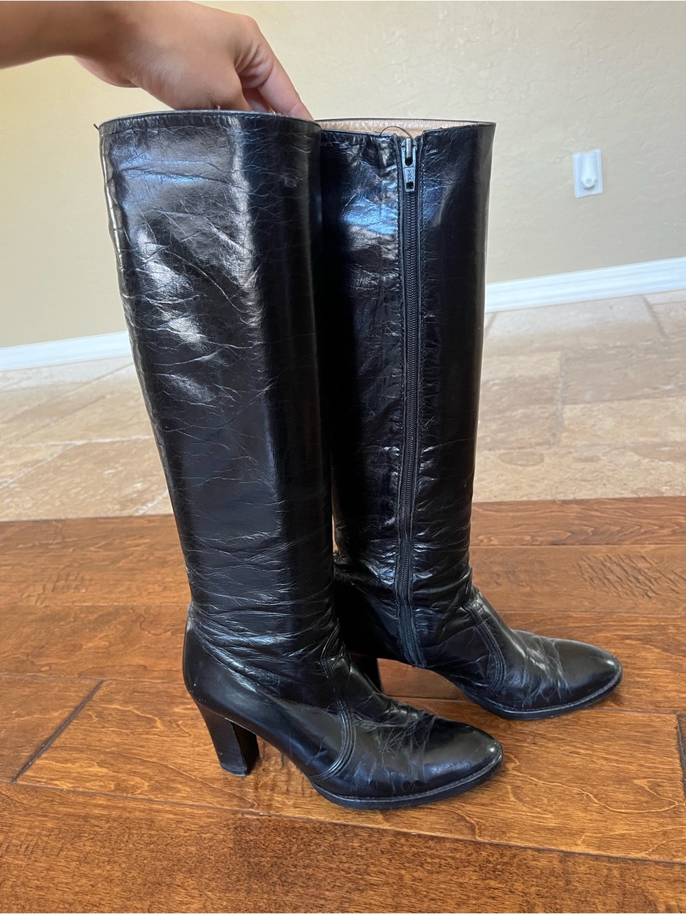 Italian Leather Vintage Dominique Knee High Heeled Black Boots